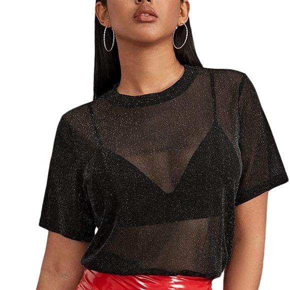 Short Sleeve Tops See Through Mesh Sheer Sexy T Shirt Blouse - Picture 2 of 5